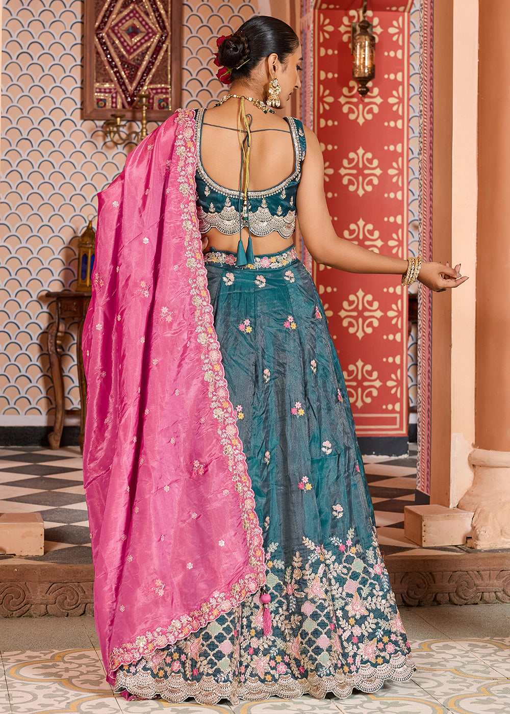 Buy Now Teal Tissue Embroidered Lehenga Choli with Pink Dupatta Online in US, UK, Canada, France, Italy, Germany, Sweden, Greece, UAE & Worldwide at Empress.