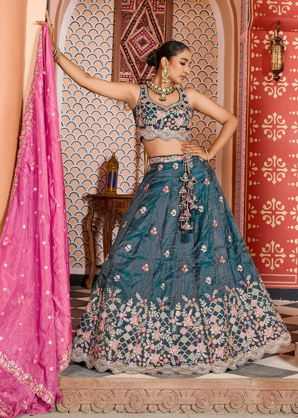 Buy Now Teal Tissue Embroidered Lehenga Choli with Pink Dupatta Online in US, UK, Canada, France, Italy, Germany, Sweden, Greece, UAE & Worldwide at Empress.