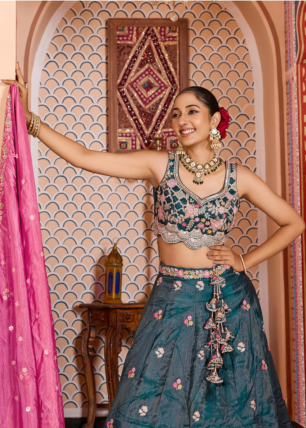 Buy Now Teal Tissue Embroidered Lehenga Choli with Pink Dupatta Online in US, UK, Canada, France, Italy, Germany, Sweden, Greece, UAE & Worldwide at Empress.