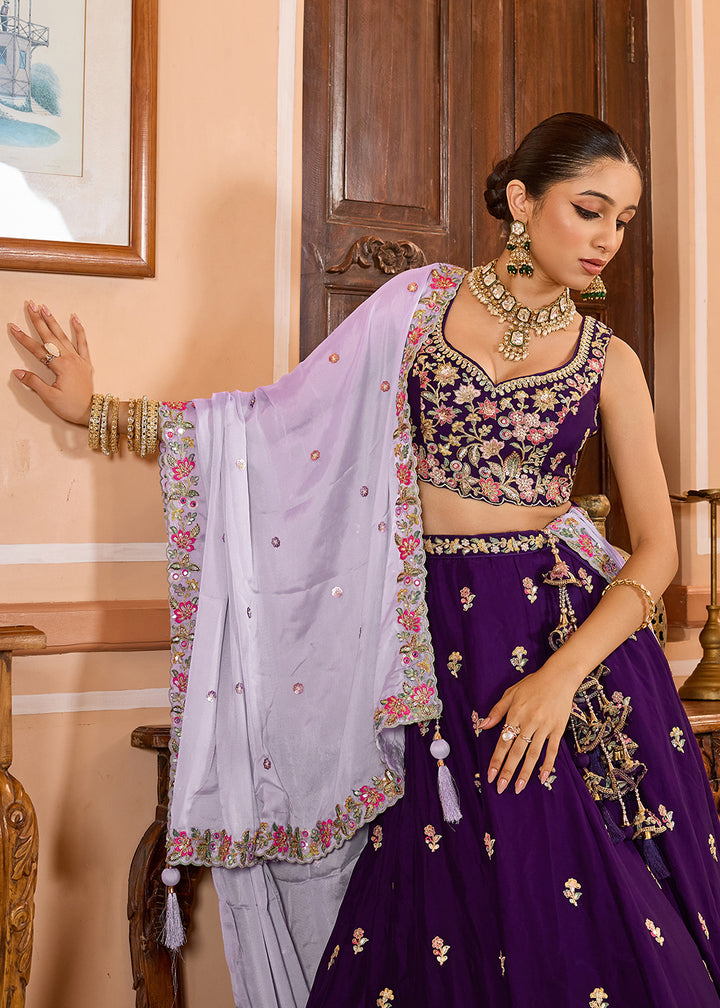 Buy Now Georgette Purple Embroidered Lehenga Choli with Dupatta Online in US, UK, Canada, France, Italy, Germany, Sweden, Greece, UAE & Worldwide at Empress.