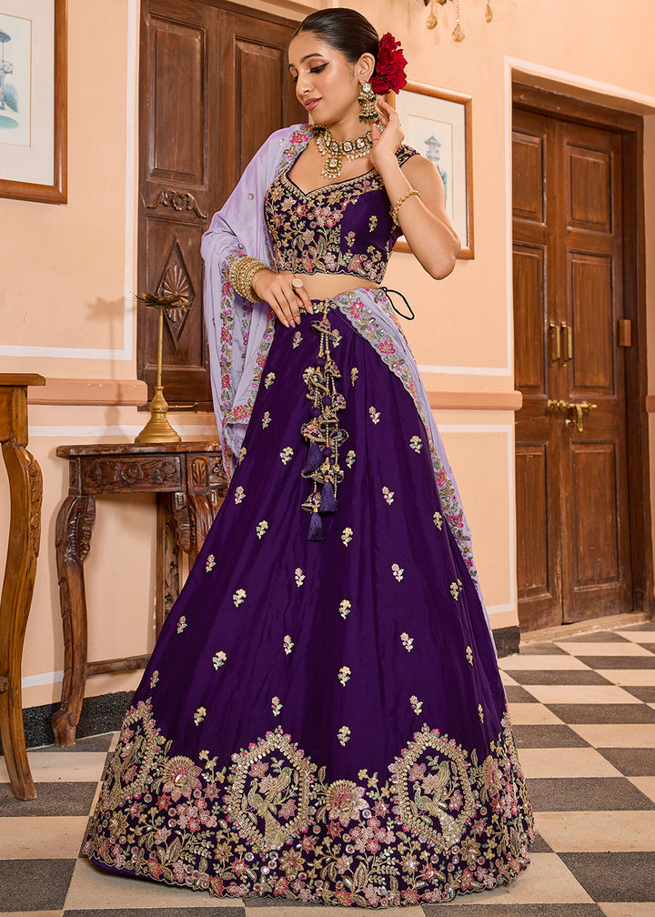 Buy Now Georgette Purple Embroidered Lehenga Choli with Dupatta Online in US, UK, Canada, France, Italy, Germany, Sweden, Greece, UAE & Worldwide at Empress.