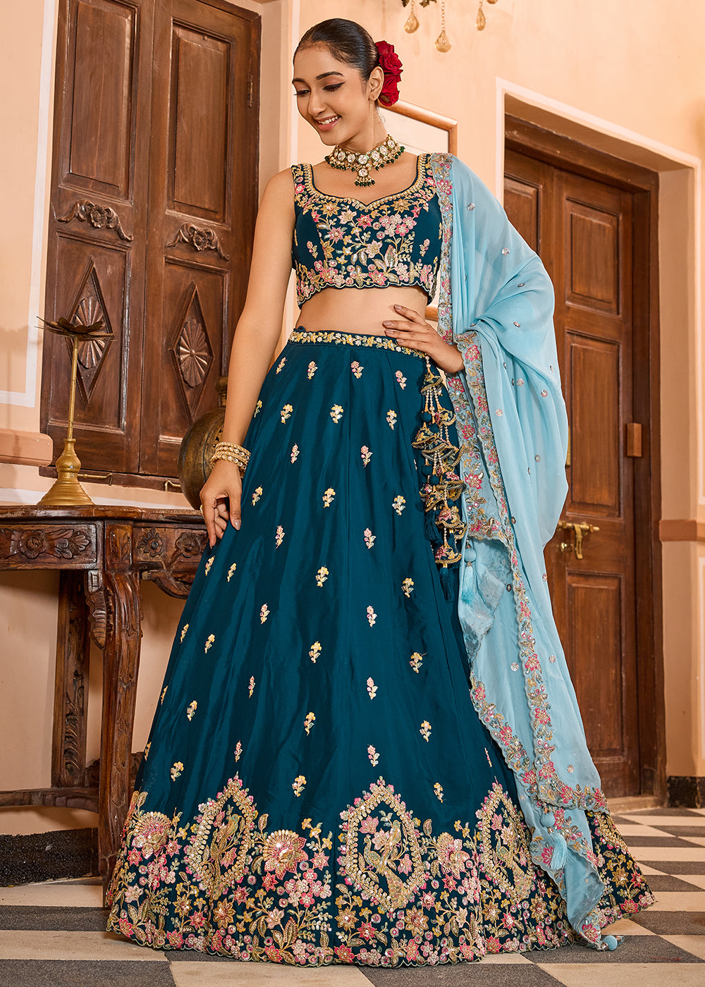 Buy Now Georgette Teal Embroidered Lehenga Choli with Dupatta Online in US, UK, Canada, France, Italy, Germany, Sweden, Greece, UAE & Worldwide at Empress.