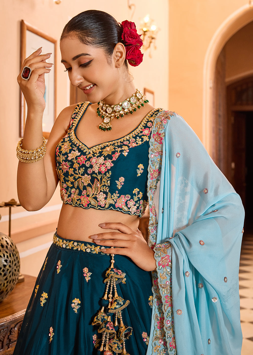 Buy Now Georgette Teal Embroidered Lehenga Choli with Dupatta Online in US, UK, Canada, France, Italy, Germany, Sweden, Greece, UAE & Worldwide at Empress.