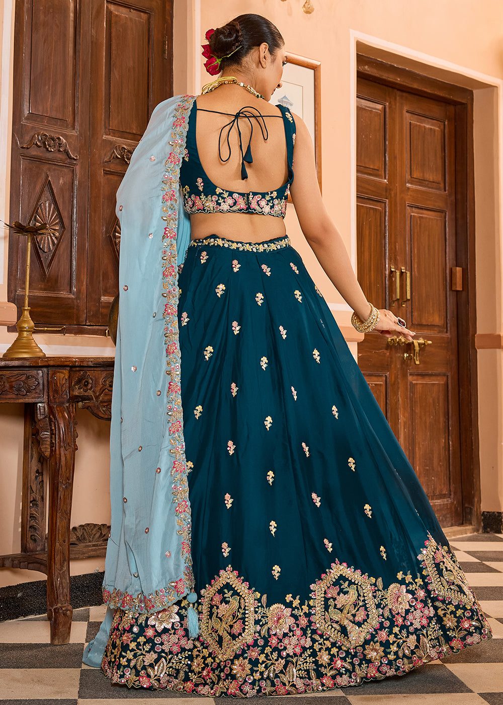 Buy Now Georgette Teal Embroidered Lehenga Choli with Dupatta Online in US, UK, Canada, France, Italy, Germany, Sweden, Greece, UAE & Worldwide at Empress.