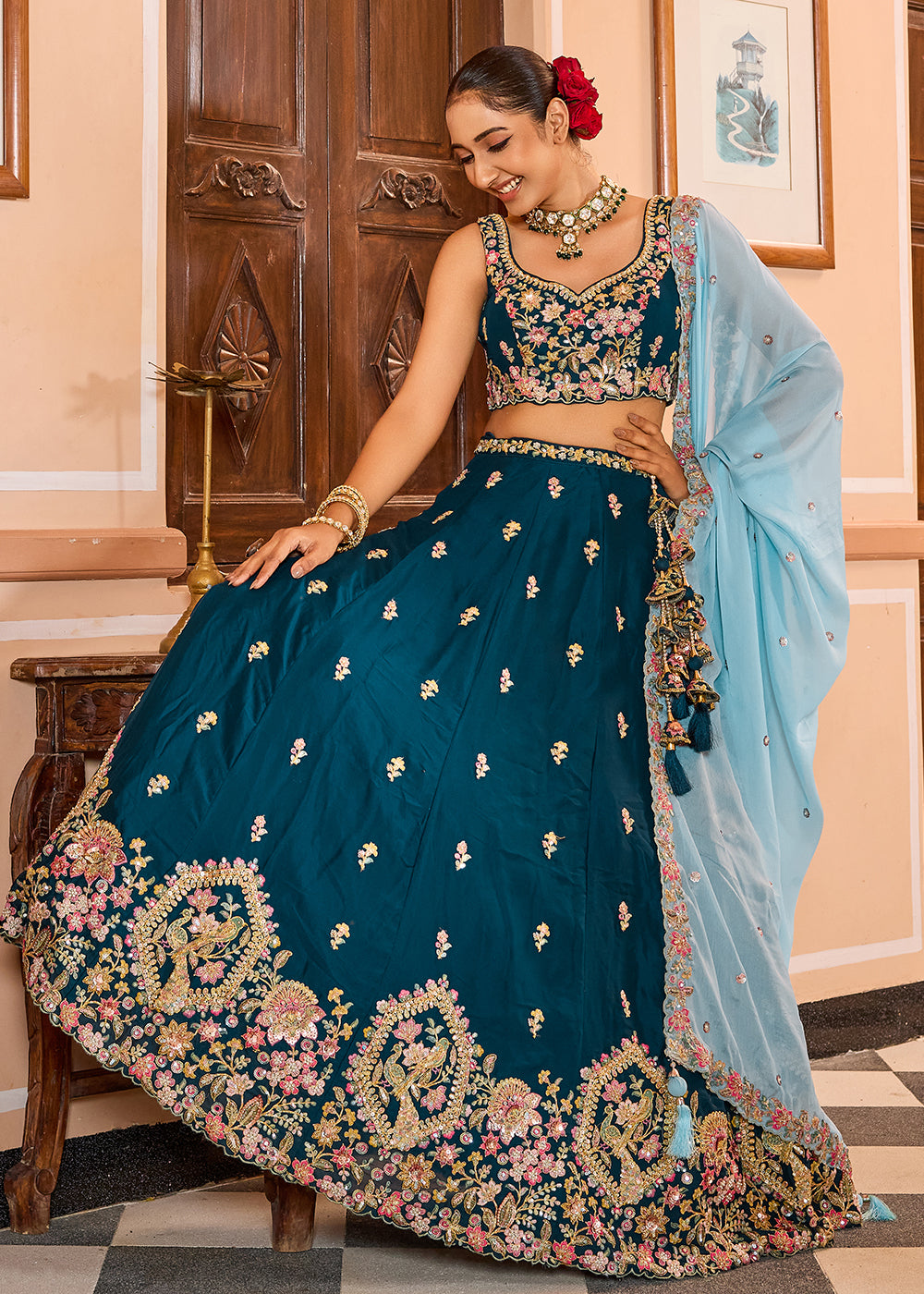 Buy Now Georgette Teal Embroidered Lehenga Choli with Dupatta Online in US, UK, Canada, France, Italy, Germany, Sweden, Greece, UAE & Worldwide at Empress.
