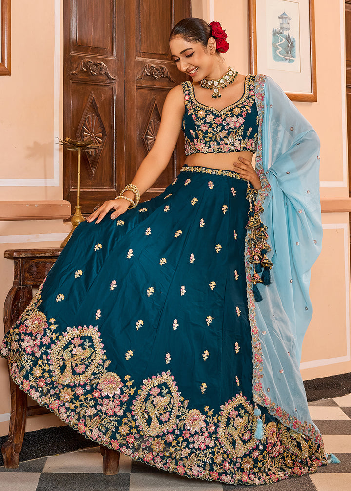 Buy Now Georgette Teal Embroidered Lehenga Choli with Dupatta Online in US, UK, Canada, France, Italy, Germany, Sweden, Greece, UAE & Worldwide at Empress.