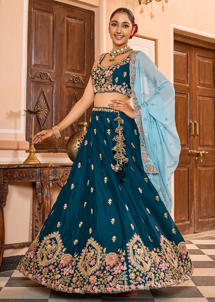 Buy Now Georgette Teal Embroidered Lehenga Choli with Dupatta Online in US, UK, Canada, France, Italy, Germany, Sweden, Greece, UAE & Worldwide at Empress.