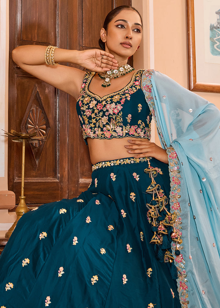 Buy Now Georgette Teal Embroidered Lehenga Choli with Dupatta Online in US, UK, Canada, France, Italy, Germany, Sweden, Greece, UAE & Worldwide at Empress.