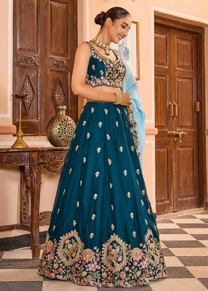 Buy Now Georgette Teal Embroidered Lehenga Choli with Dupatta Online in US, UK, Canada, France, Italy, Germany, Sweden, Greece, UAE & Worldwide at Empress.