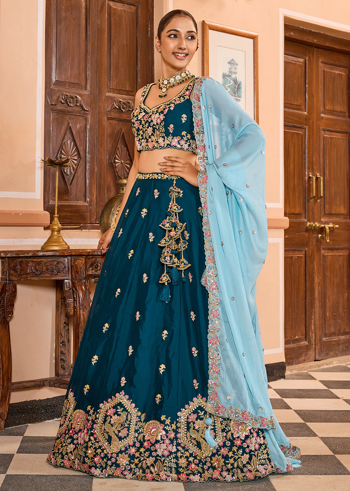Buy Now Georgette Teal Embroidered Lehenga Choli with Dupatta Online in US, UK, Canada, France, Italy, Germany, Sweden, Greece, UAE & Worldwide at Empress.