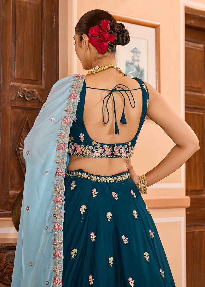 Buy Now Georgette Teal Embroidered Lehenga Choli with Dupatta Online in US, UK, Canada, France, Italy, Germany, Sweden, Greece, UAE & Worldwide at Empress.
