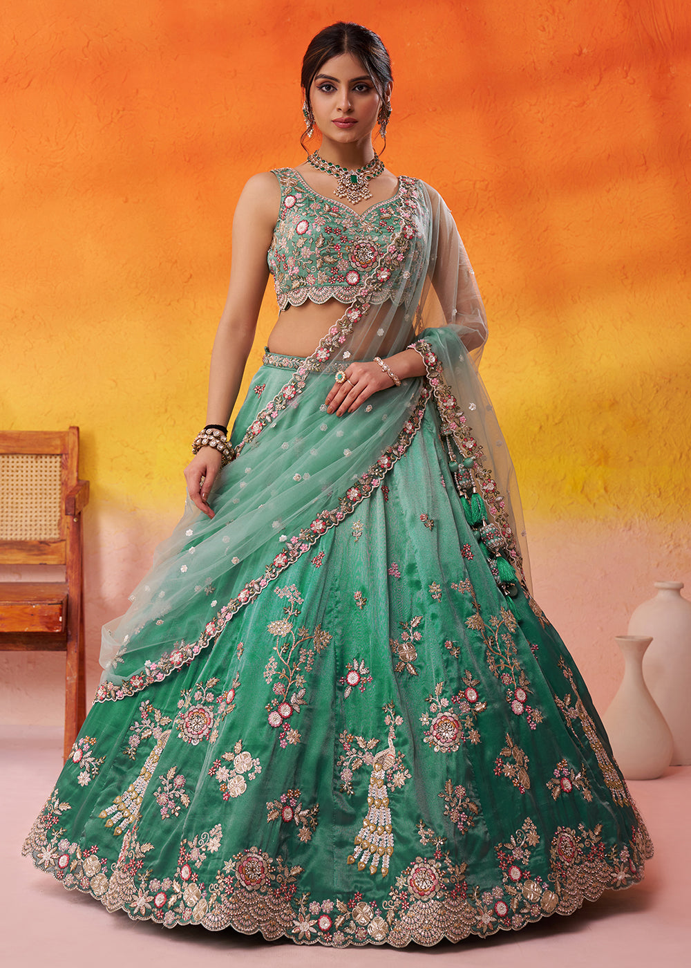 Buy Now Green Heavy Tissue Pre Wedding Party Lehenga Choli Online in US, UK, Canada, France, Germany, Sweden, Greece, UAE, Denmark & Worldwide at Empress.