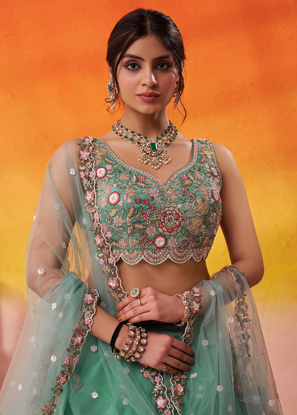 Buy Now Green Heavy Tissue Pre Wedding Party Lehenga Choli Online in US, UK, Canada, France, Germany, Sweden, Greece, UAE, Denmark & Worldwide at Empress.