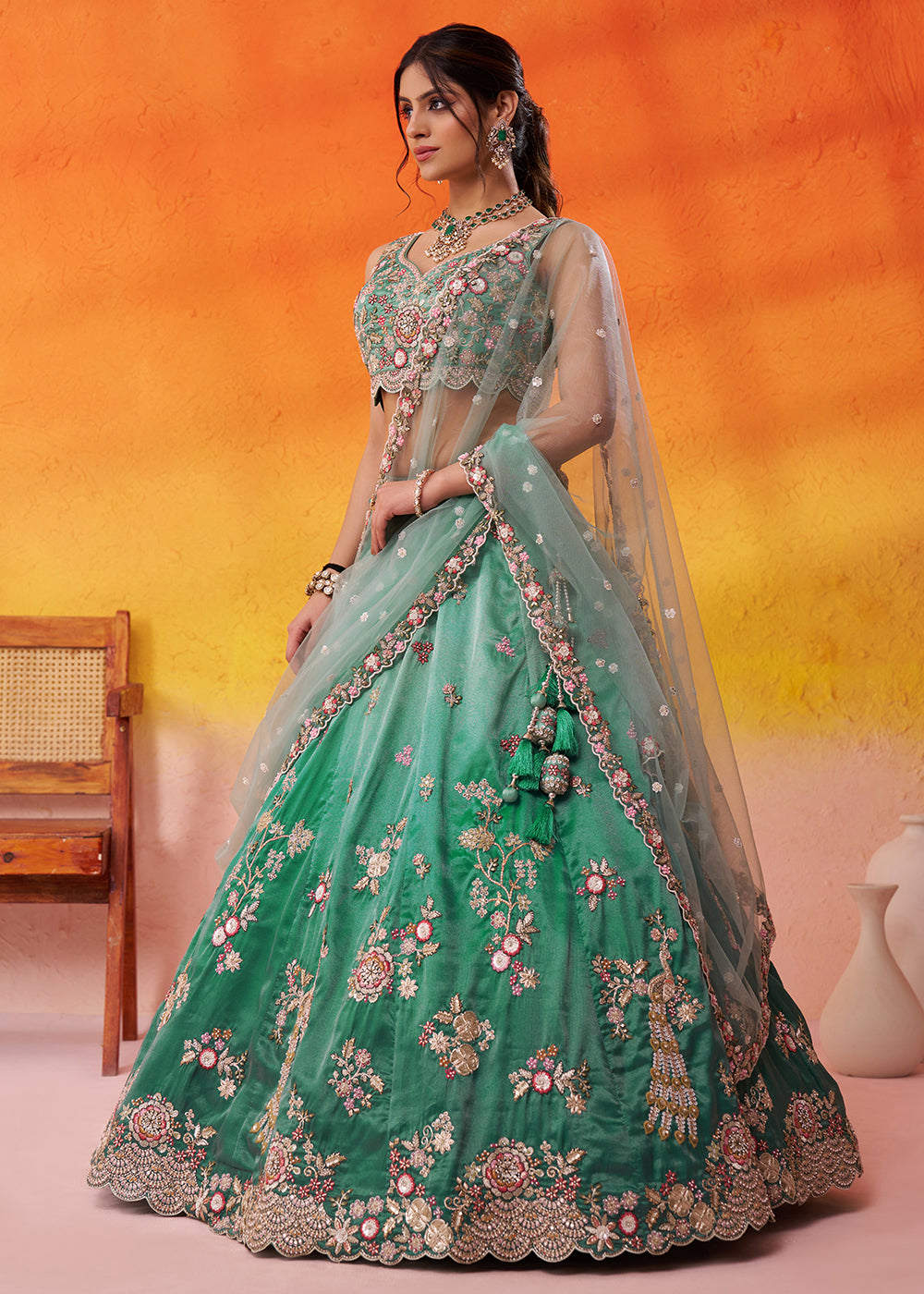 Buy Now Green Heavy Tissue Pre Wedding Party Lehenga Choli Online in US, UK, Canada, France, Germany, Sweden, Greece, UAE, Denmark & Worldwide at Empress.
