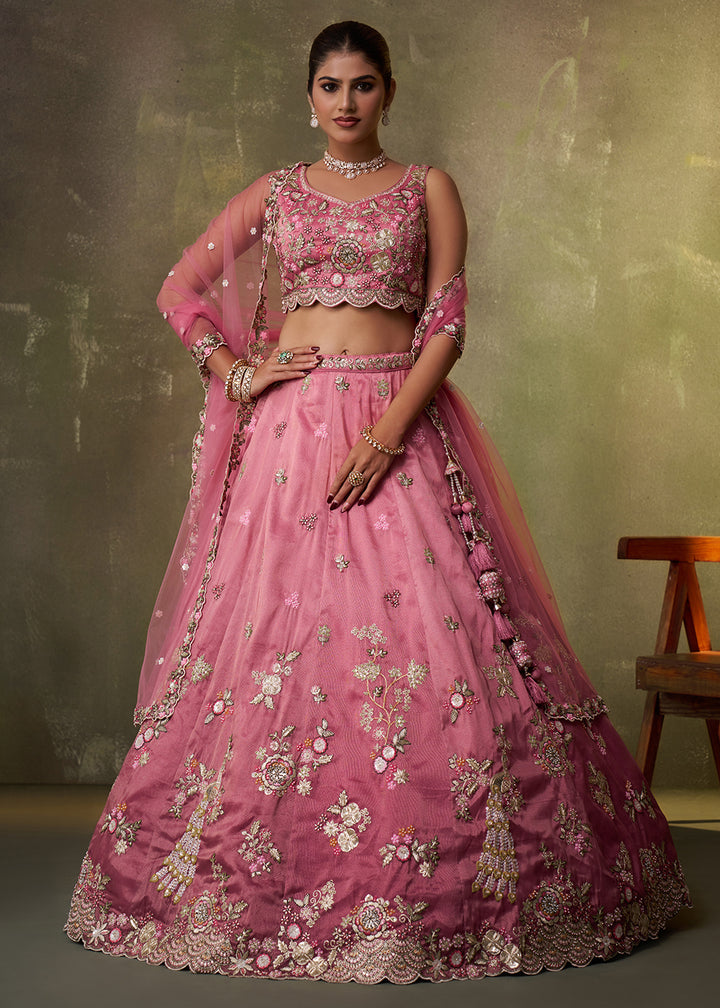 Buy Now Pink Heavy Tissue Pre Wedding Party Lehenga Choli Online in US, UK, Canada, France, Germany, Sweden, Greece, UAE, Denmark & Worldwide at Empress.