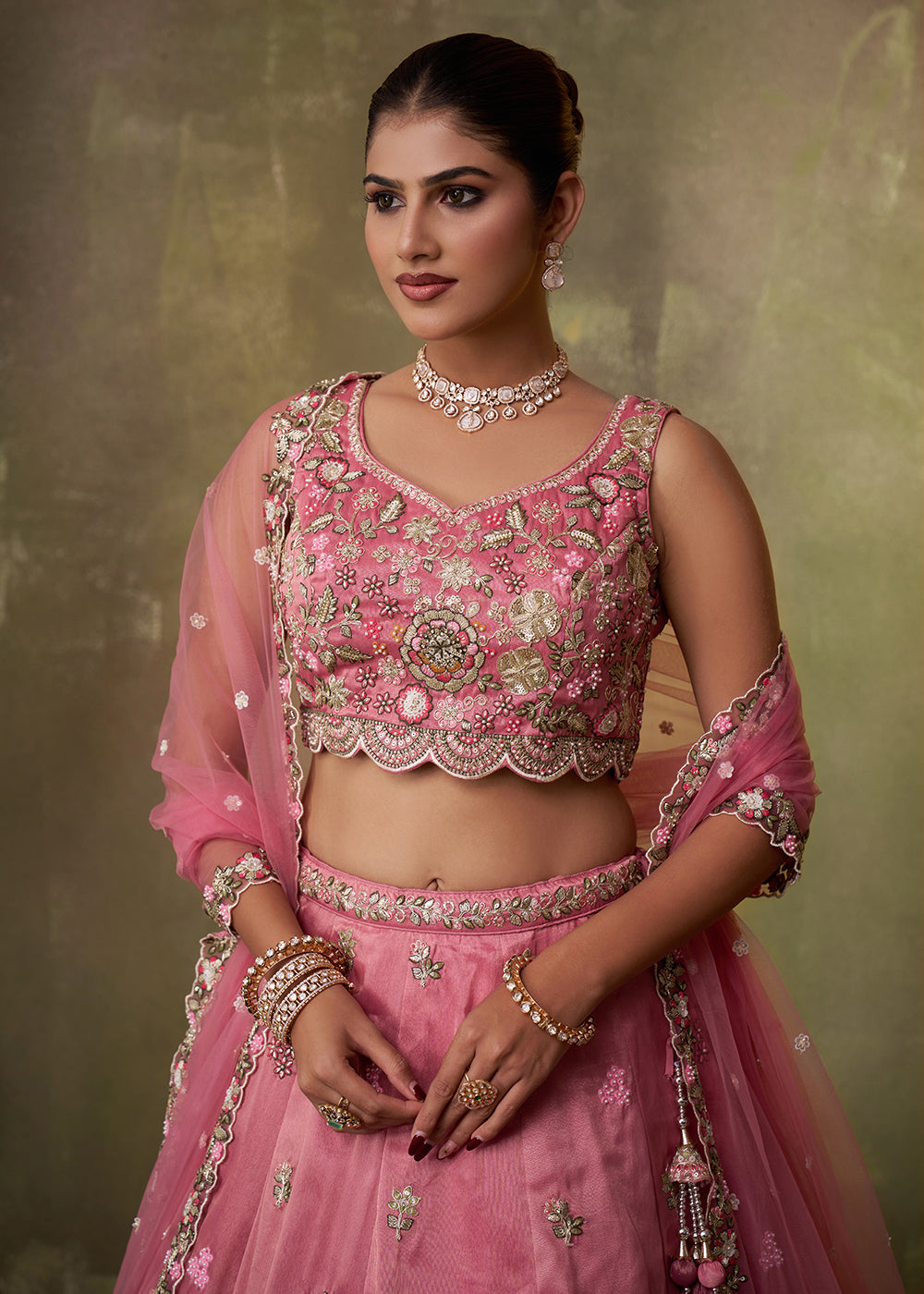 Buy Now Pink Heavy Tissue Pre Wedding Party Lehenga Choli Online in US, UK, Canada, France, Germany, Sweden, Greece, UAE, Denmark & Worldwide at Empress.