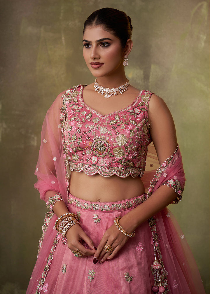 Buy Now Pink Heavy Tissue Pre Wedding Party Lehenga Choli Online in US, UK, Canada, France, Germany, Sweden, Greece, UAE, Denmark & Worldwide at Empress.