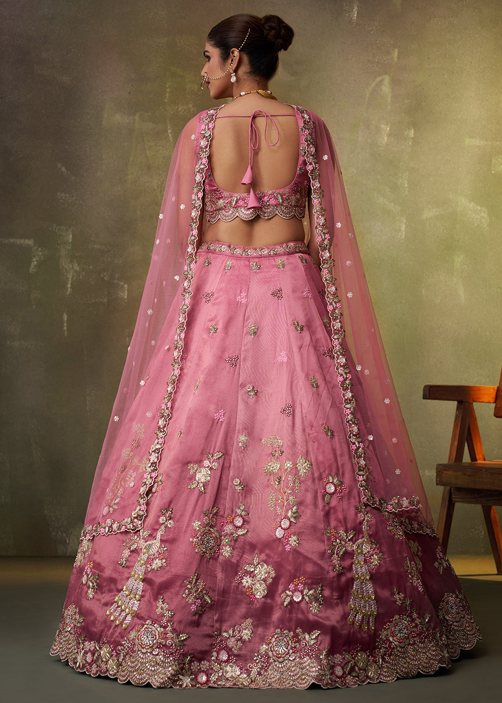 Buy Now Pink Heavy Tissue Pre Wedding Party Lehenga Choli Online in US, UK, Canada, France, Germany, Sweden, Greece, UAE, Denmark & Worldwide at Empress.