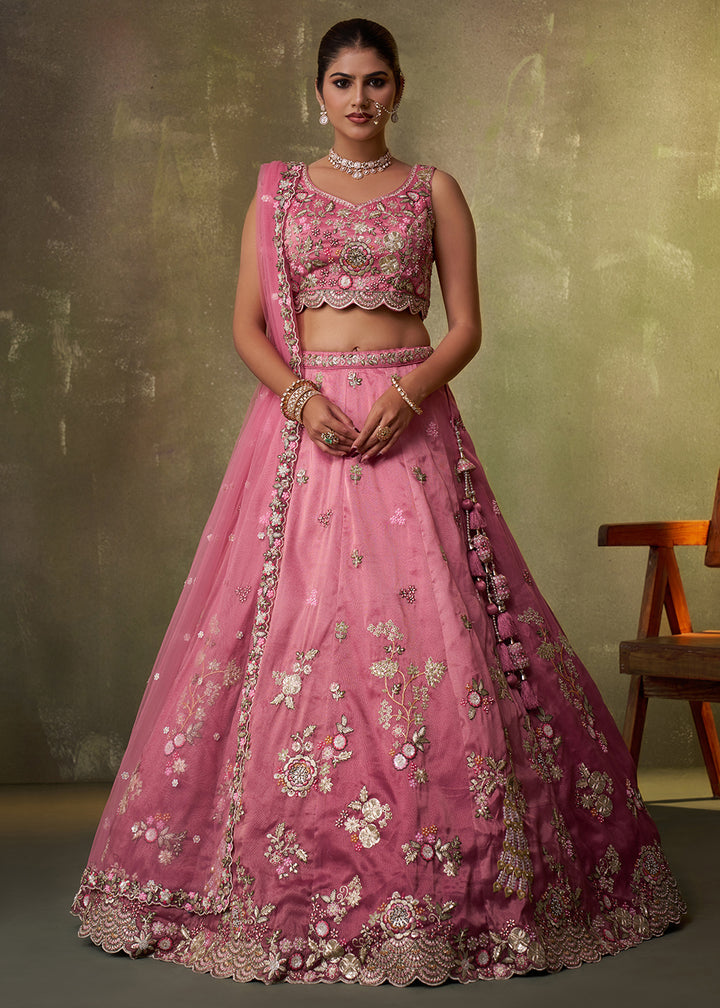 Buy Now Pink Heavy Tissue Pre Wedding Party Lehenga Choli Online in US, UK, Canada, France, Germany, Sweden, Greece, UAE, Denmark & Worldwide at Empress.