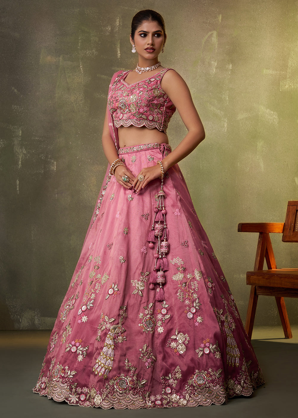 Buy Now Pink Heavy Tissue Pre Wedding Party Lehenga Choli Online in US, UK, Canada, France, Germany, Sweden, Greece, UAE, Denmark & Worldwide at Empress.