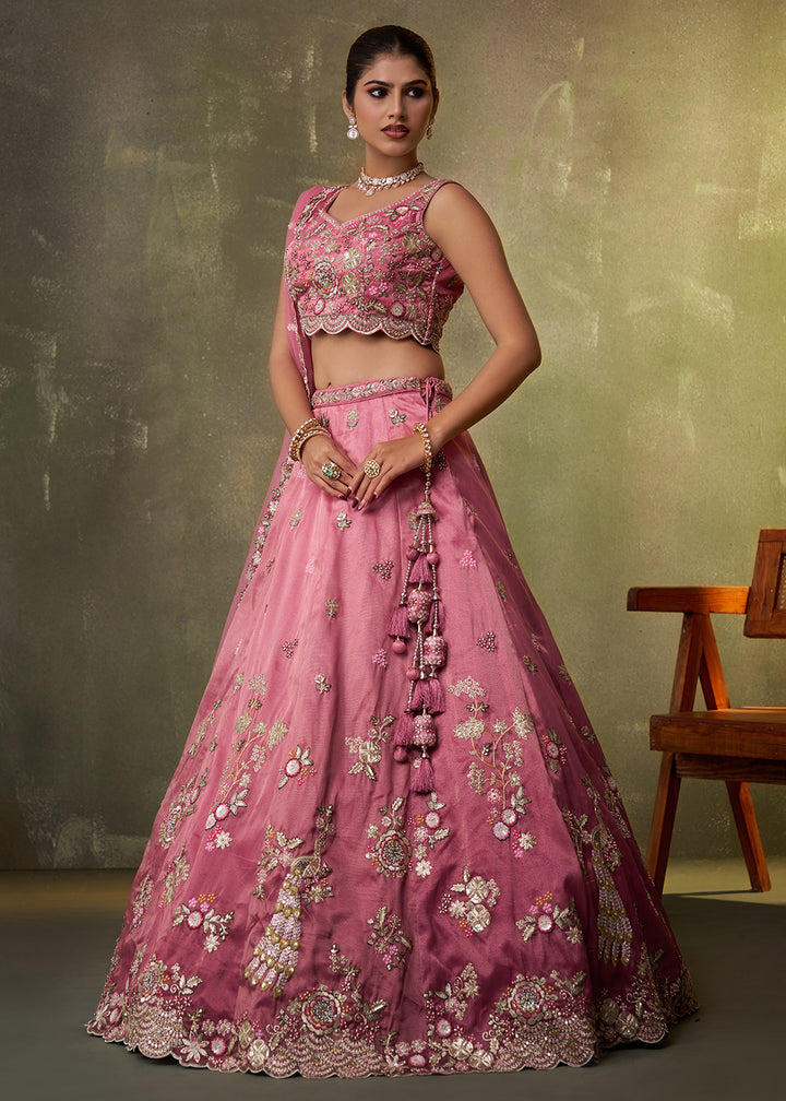 Buy Now Pink Heavy Tissue Pre Wedding Party Lehenga Choli Online in US, UK, Canada, France, Germany, Sweden, Greece, UAE, Denmark & Worldwide at Empress.
