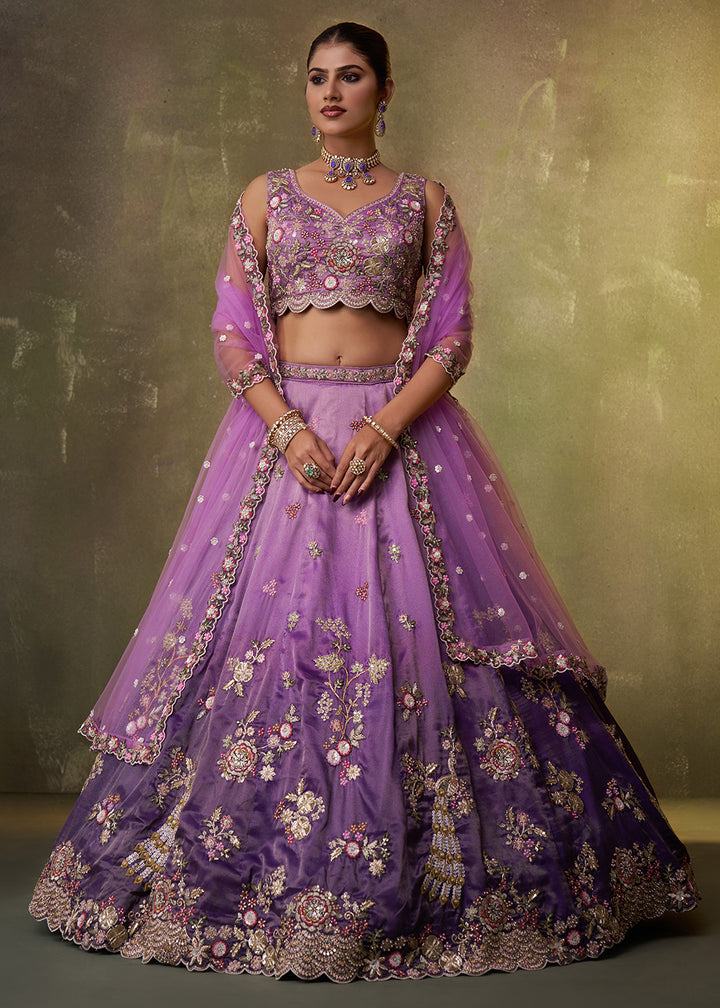 Buy Now Purple Heavy Tissue Pre Wedding Party Lehenga Choli Online in US, UK, Canada, France, Germany, Sweden, Greece, UAE, Denmark & Worldwide at Empress.
