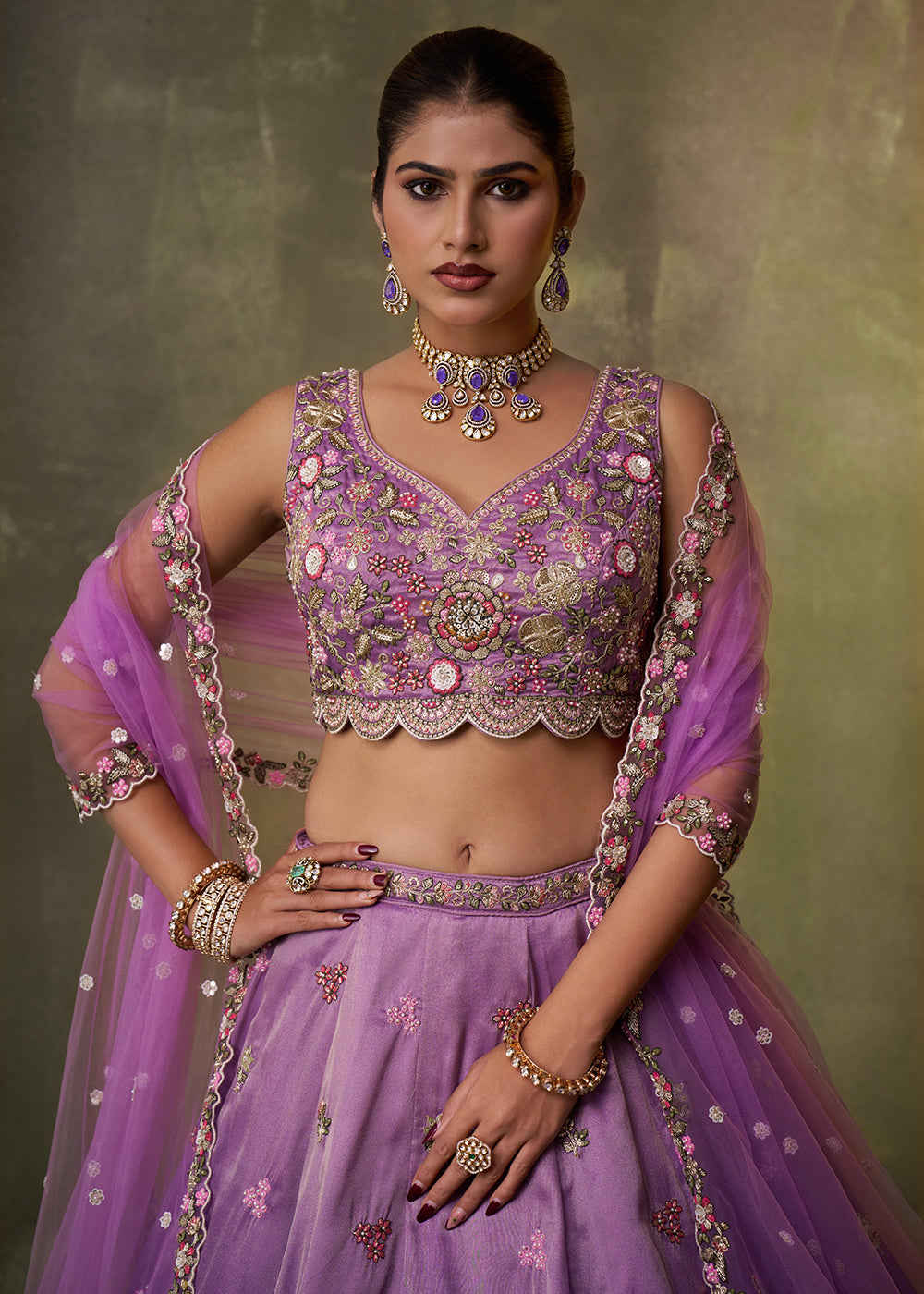 Buy Now Purple Heavy Tissue Pre Wedding Party Lehenga Choli Online in US, UK, Canada, France, Germany, Sweden, Greece, UAE, Denmark & Worldwide at Empress.