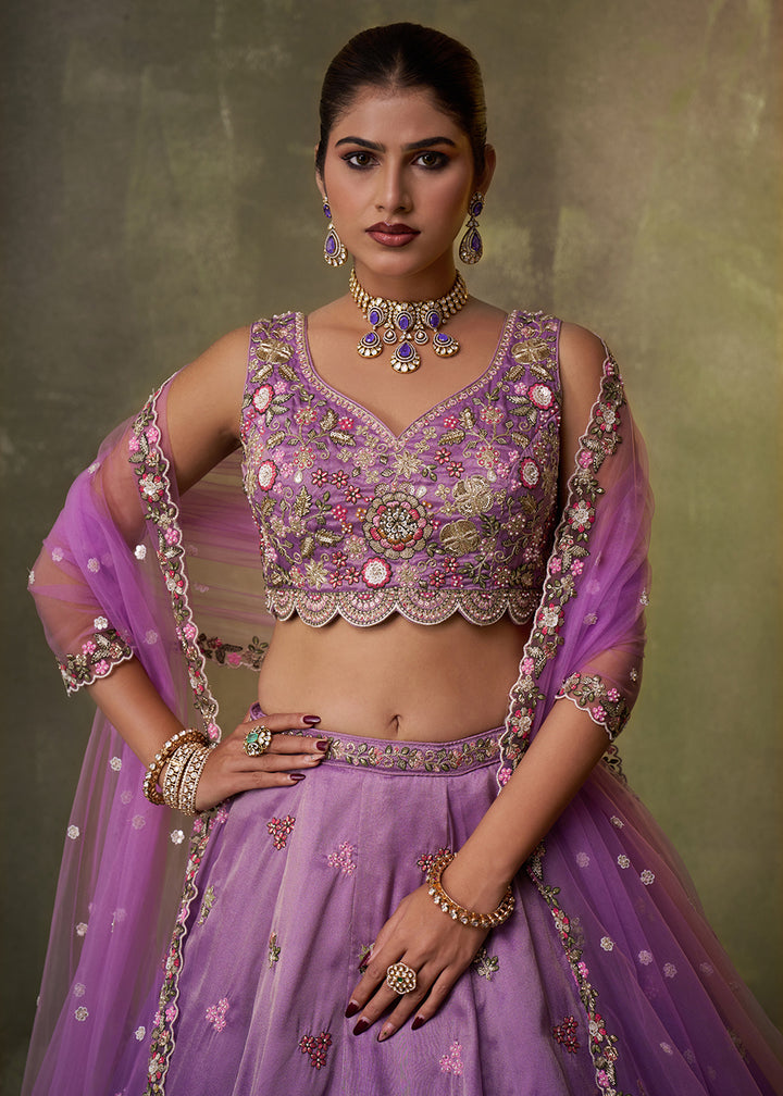 Buy Now Purple Heavy Tissue Pre Wedding Party Lehenga Choli Online in US, UK, Canada, France, Germany, Sweden, Greece, UAE, Denmark & Worldwide at Empress.