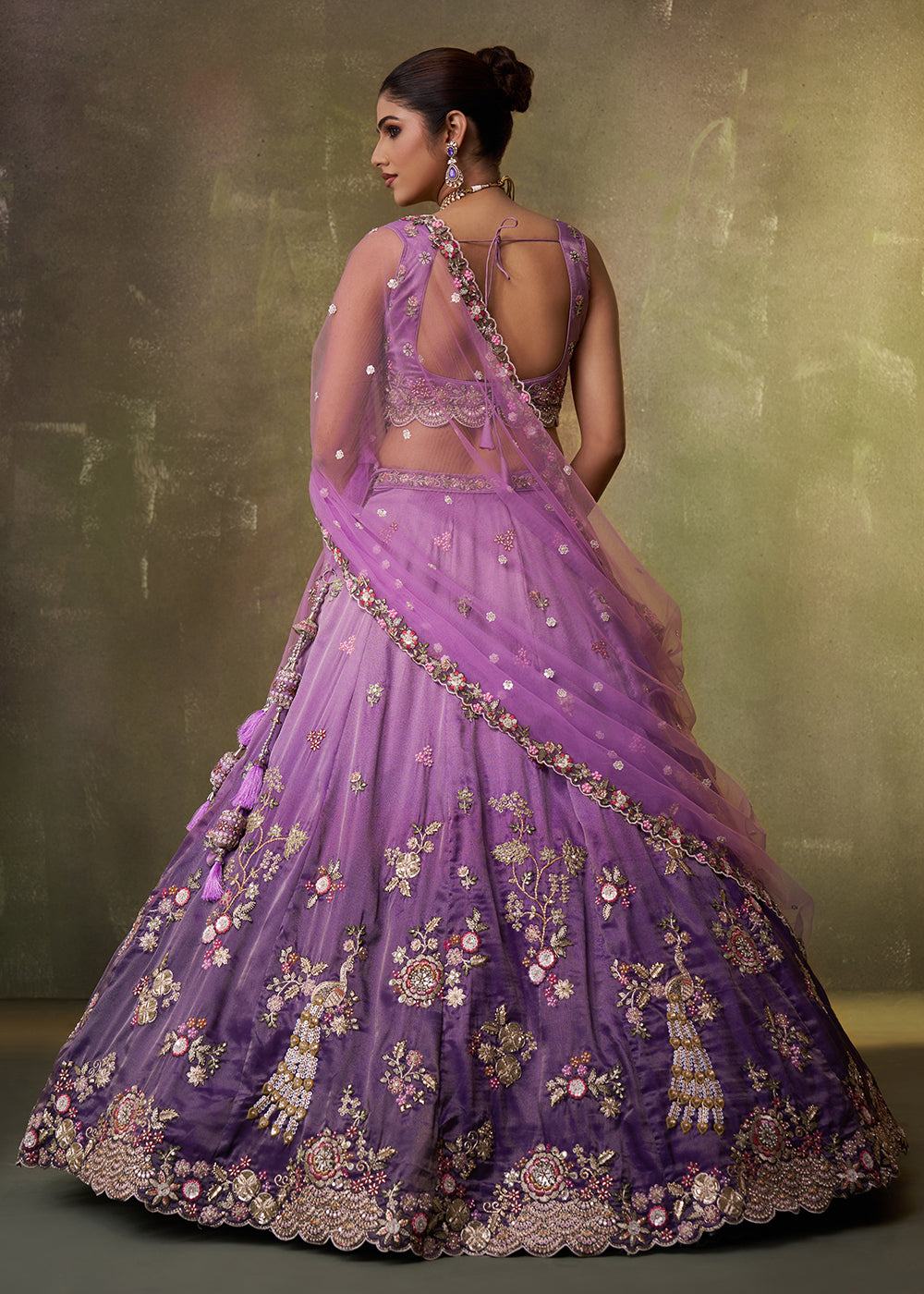 Buy Now Purple Heavy Tissue Pre Wedding Party Lehenga Choli Online in US, UK, Canada, France, Germany, Sweden, Greece, UAE, Denmark & Worldwide at Empress.
