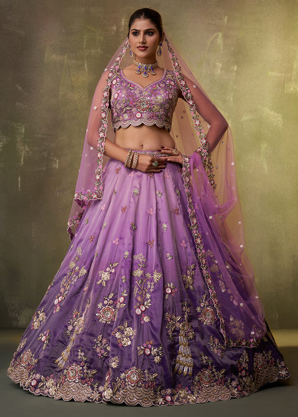 Buy Now Purple Heavy Tissue Pre Wedding Party Lehenga Choli Online in US, UK, Canada, France, Germany, Sweden, Greece, UAE, Denmark & Worldwide at Empress.
