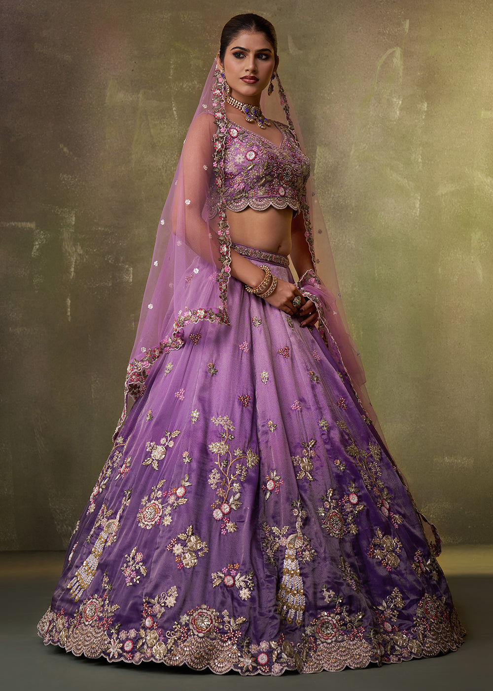Buy Now Purple Heavy Tissue Pre Wedding Party Lehenga Choli Online in US, UK, Canada, France, Germany, Sweden, Greece, UAE, Denmark & Worldwide at Empress.