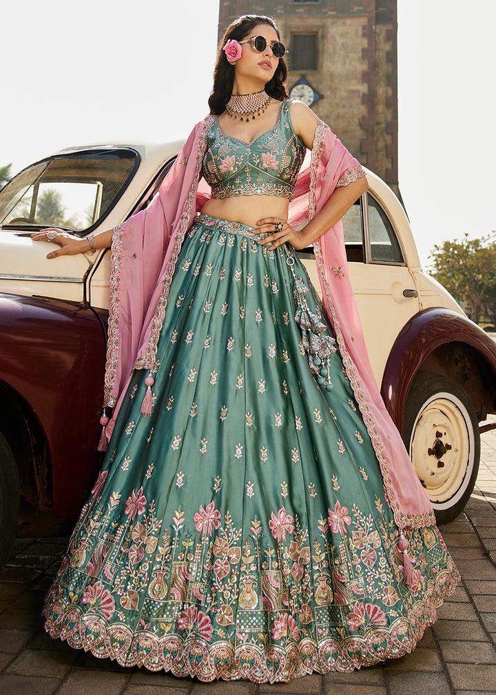 Buy Now Green Georgette Sequins Wedding Wear Lehenga Choli Online in USA, UK, Canada, France, Italy, Germany, Denmark, Qatar & Worldwide at Empress Clothing.