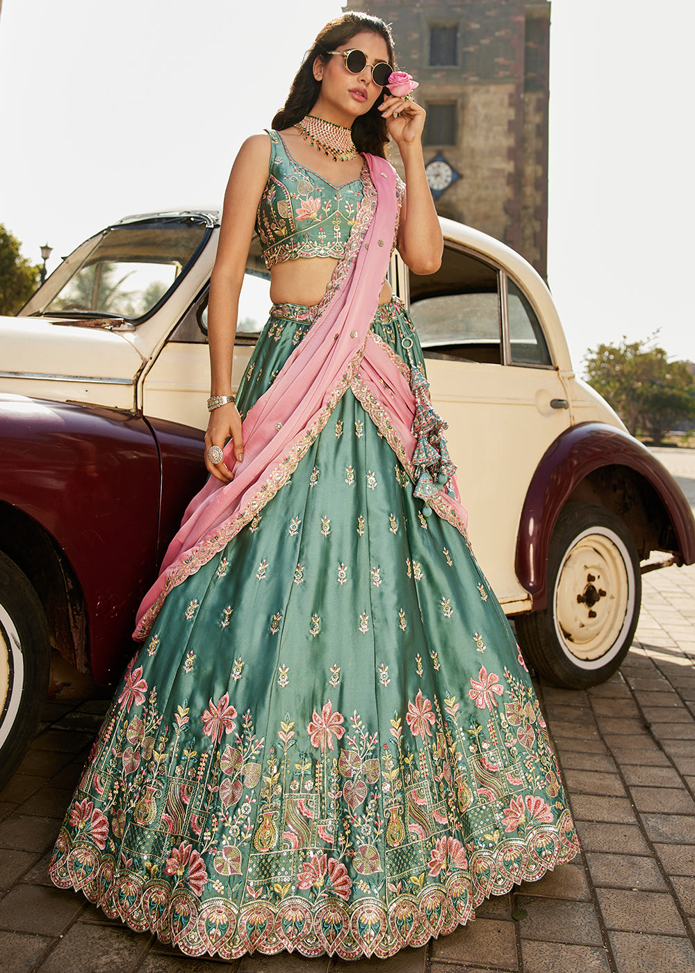 Buy Now Green Georgette Sequins Wedding Wear Lehenga Choli Online in USA, UK, Canada, France, Italy, Germany, Denmark, Qatar & Worldwide at Empress Clothing.