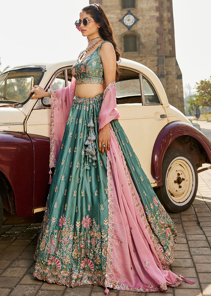 Buy Now Green Georgette Sequins Wedding Wear Lehenga Choli Online in USA, UK, Canada, France, Italy, Germany, Denmark, Qatar & Worldwide at Empress Clothing.