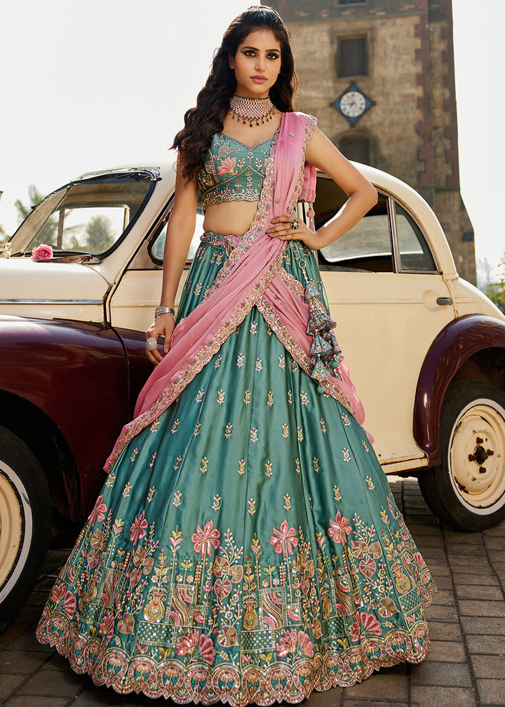 Buy Now Green Georgette Sequins Wedding Wear Lehenga Choli Online in USA, UK, Canada, France, Italy, Germany, Denmark, Qatar & Worldwide at Empress Clothing.