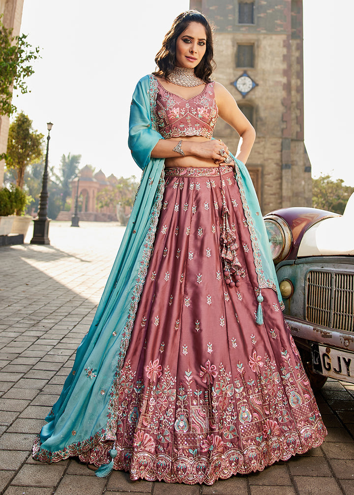 Buy Now Rose Gold Georgette Sequins Wedding Wear Lehenga Choli Online in USA, UK, Canada, France, Italy, Germany, Denmark, Qatar & Worldwide at Empress Clothing.