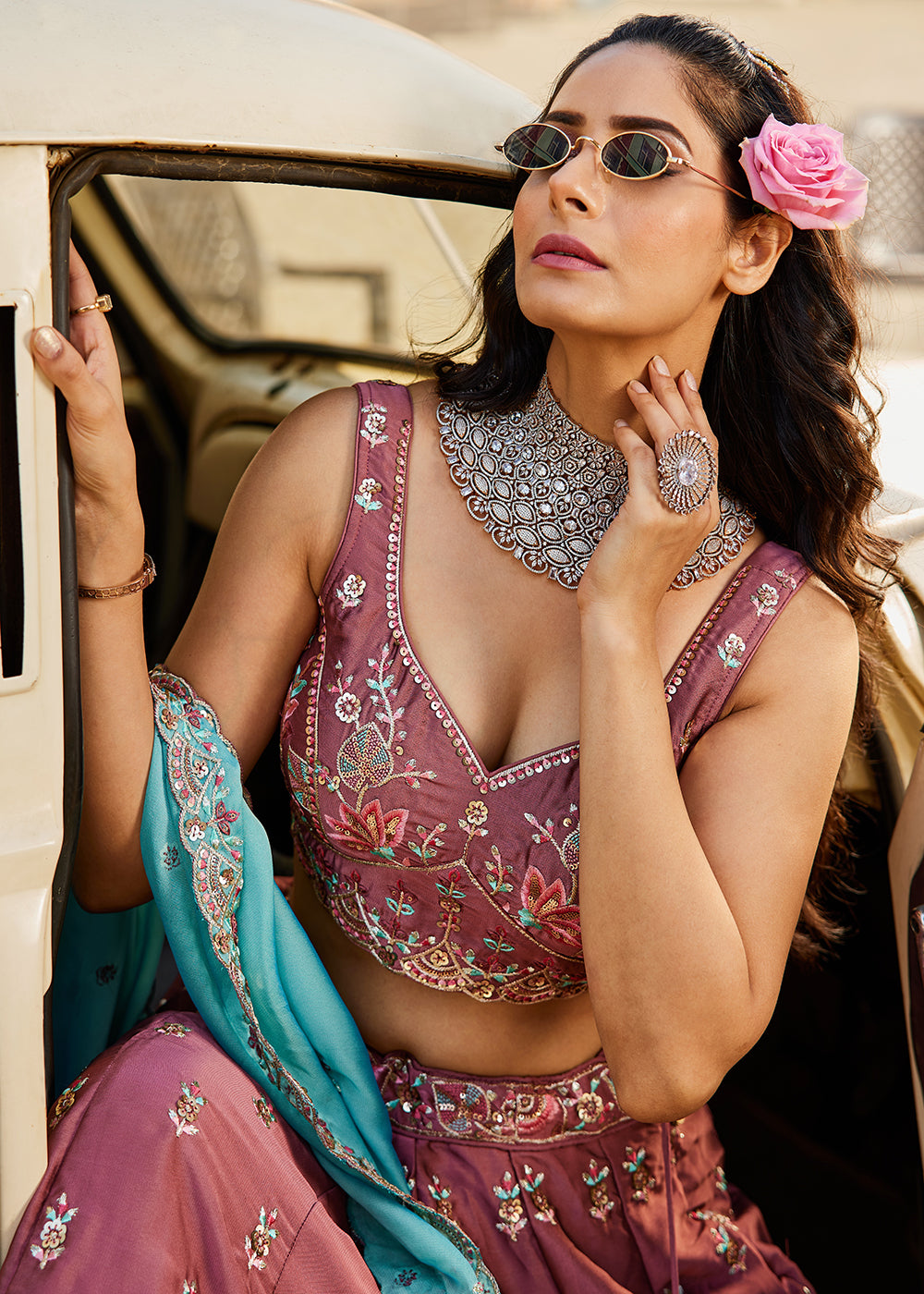 Buy Now Rose Gold Georgette Sequins Wedding Wear Lehenga Choli Online in USA, UK, Canada, France, Italy, Germany, Denmark, Qatar & Worldwide at Empress Clothing.