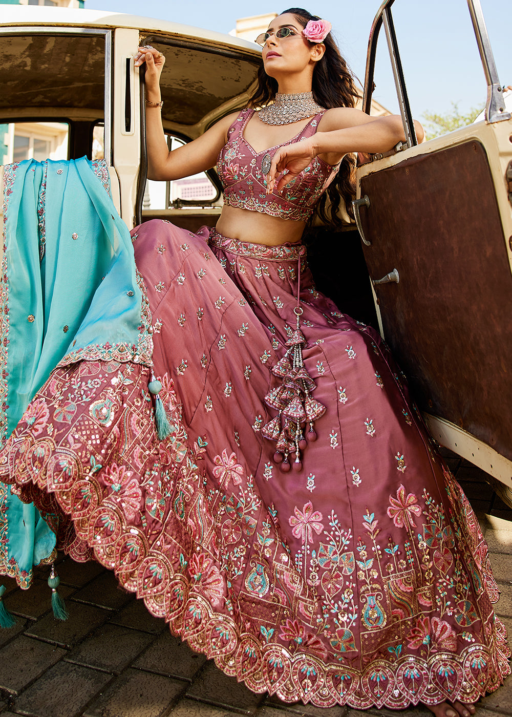 Buy Now Rose Gold Georgette Sequins Wedding Wear Lehenga Choli Online in USA, UK, Canada, France, Italy, Germany, Denmark, Qatar & Worldwide at Empress Clothing.