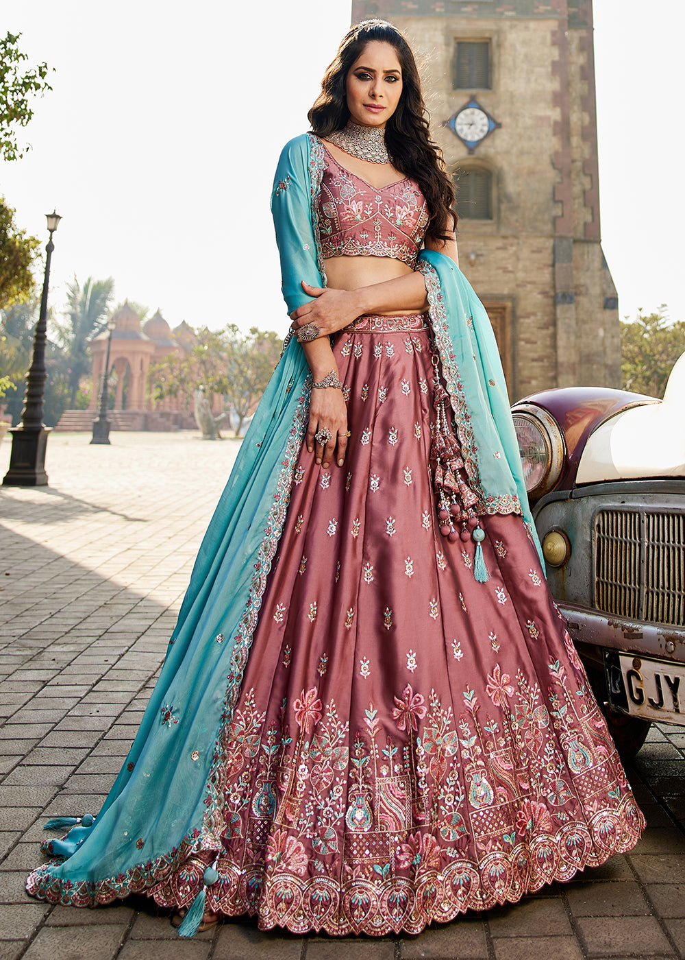 Buy Now Rose Gold Georgette Sequins Wedding Wear Lehenga Choli Online in USA, UK, Canada, France, Italy, Germany, Denmark, Qatar & Worldwide at Empress Clothing.