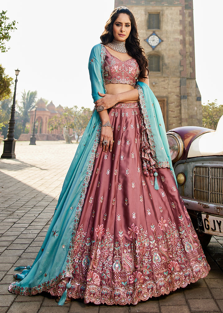 Buy Now Rose Gold Georgette Sequins Wedding Wear Lehenga Choli Online in USA, UK, Canada, France, Italy, Germany, Denmark, Qatar & Worldwide at Empress Clothing.