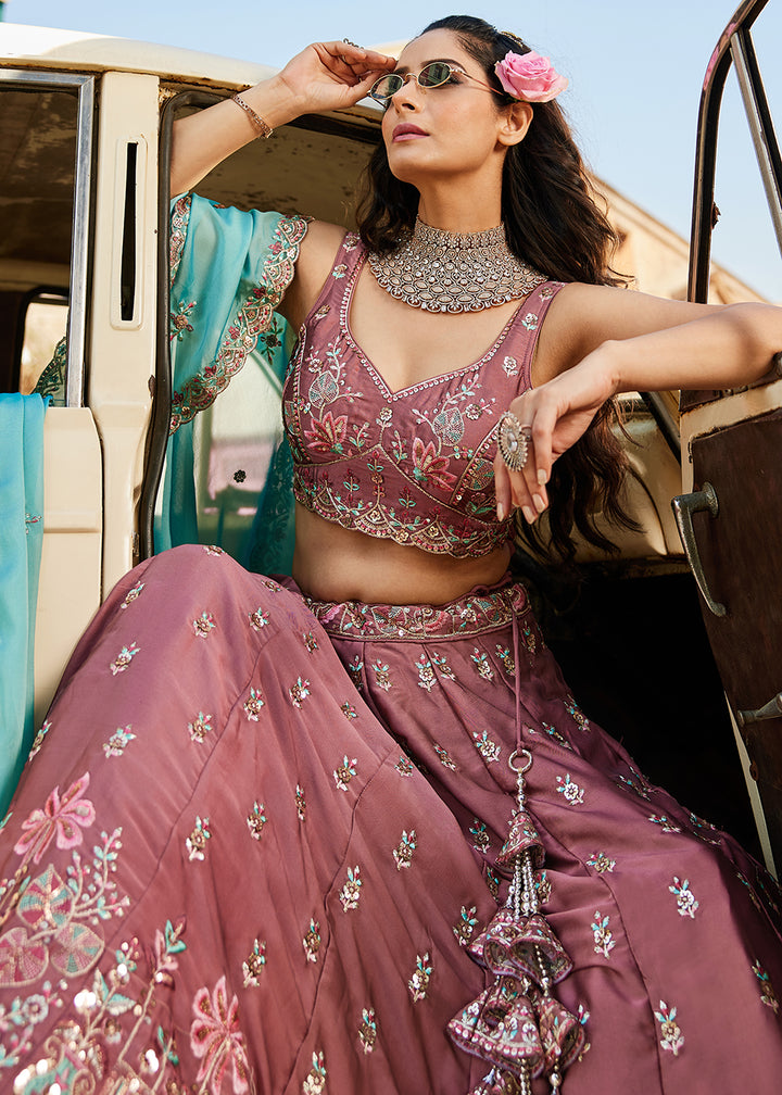 Buy Now Rose Gold Georgette Sequins Wedding Wear Lehenga Choli Online in USA, UK, Canada, France, Italy, Germany, Denmark, Qatar & Worldwide at Empress Clothing.