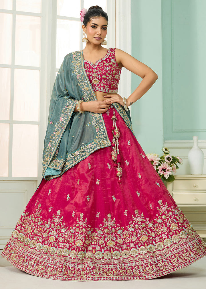 Buy Now Silk Pink Heavy Embroidered Wedding Lehenga Choli Online in US, UK, Canada, France, Italy, Germany, Sweden, Denmark, Greece, UAE & Worldwide at Empress.