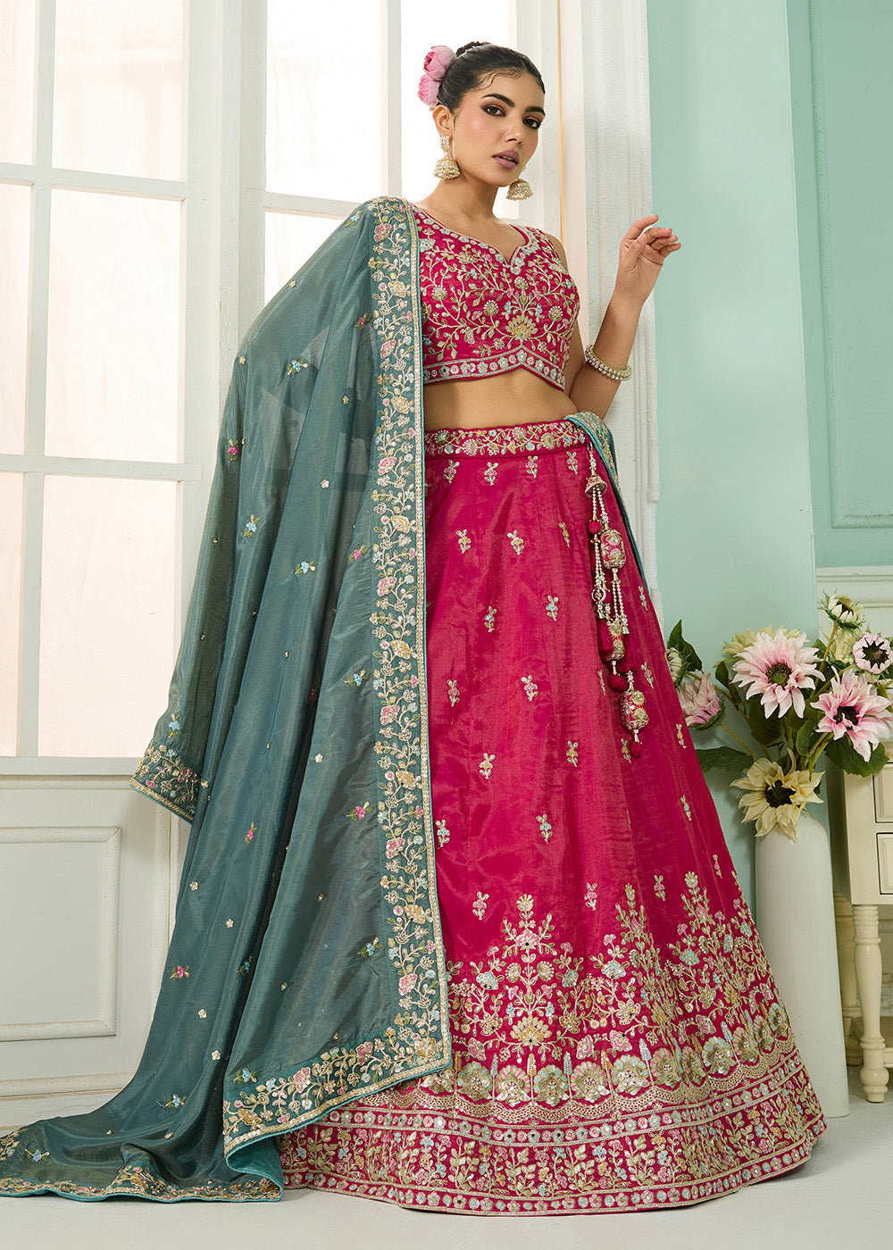 Buy Now Silk Pink Heavy Embroidered Wedding Lehenga Choli Online in US, UK, Canada, France, Italy, Germany, Sweden, Denmark, Greece, UAE & Worldwide at Empress.