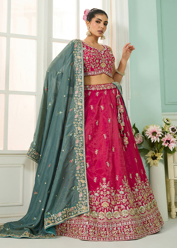 Buy Now Silk Pink Heavy Embroidered Wedding Lehenga Choli Online in US, UK, Canada, France, Italy, Germany, Sweden, Denmark, Greece, UAE & Worldwide at Empress.