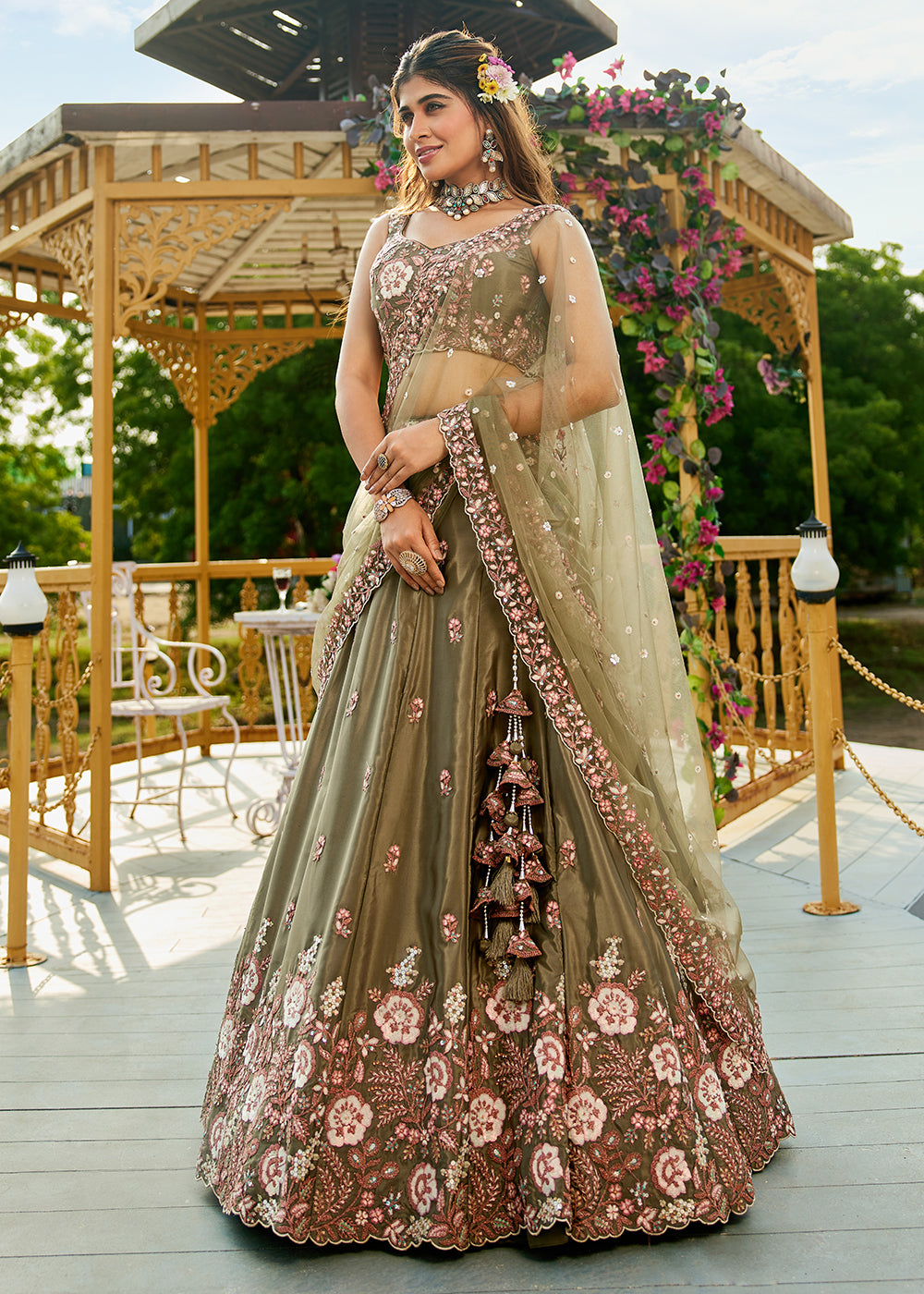 Wedding Festive Lehenga - Olive Green Satin Embroidered Lehenga Choli Wedding Festive Lehenga - Olive Green Satin Embroidered Lehenga Choli