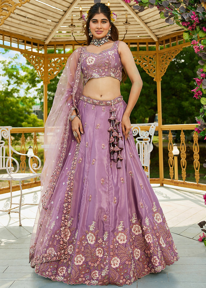 Buy Now Rose Gold Satin Embroidered Wedding Festive Lehenga Choli Online in USA, UK, Canada, France, Italy, Germany, Australia & Worldwide at Empress Clothing.