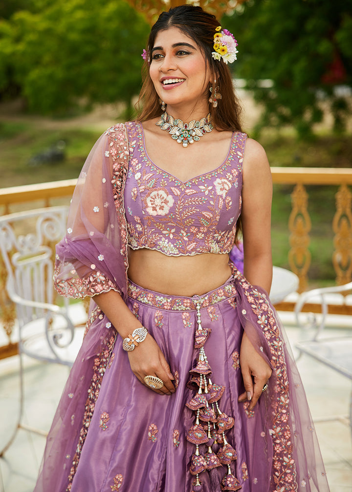 Buy Now Rose Gold Satin Embroidered Wedding Festive Lehenga Choli Online in USA, UK, Canada, France, Italy, Germany, Australia & Worldwide at Empress Clothing.