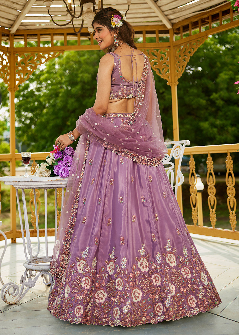 Buy Now Rose Gold Satin Embroidered Wedding Festive Lehenga Choli Online in USA, UK, Canada, France, Italy, Germany, Australia & Worldwide at Empress Clothing.