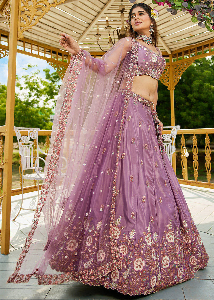 Buy Now Rose Gold Satin Embroidered Wedding Festive Lehenga Choli Online in USA, UK, Canada, France, Italy, Germany, Australia & Worldwide at Empress Clothing.