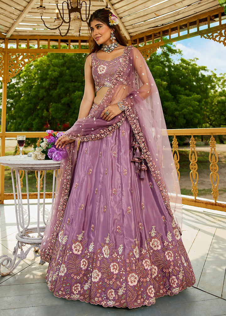 Buy Now Rose Gold Satin Embroidered Wedding Festive Lehenga Choli Online in USA, UK, Canada, France, Italy, Germany, Australia & Worldwide at Empress Clothing.
